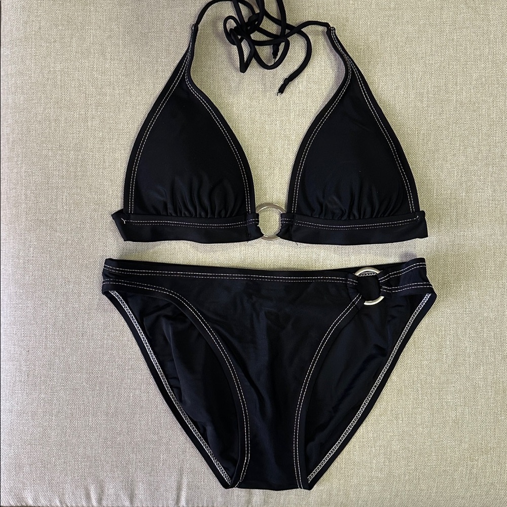 Isaac Mizrahi Black Bikini with Ring Detail Set Size S
